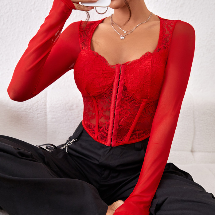 Sexy Lace Mesh Breasted Fishbone Square Neck Long Sleeved Women's top