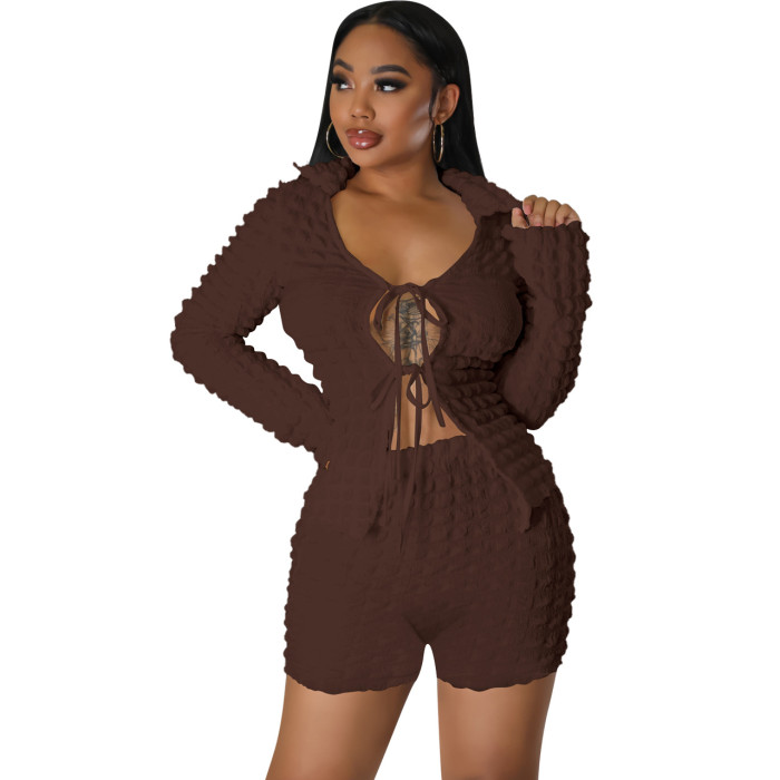 Fashion Casual Cardigan Lace-Up Two-Piece Shorts Set
