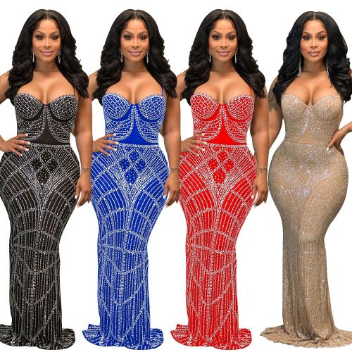 Women Solid Beaded Mesh Sleeveless Maxi Dress