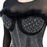 Mesh Feather Luxury Rhinestone Dress