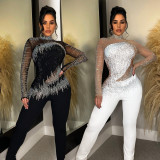 Mesh Ironing Long Sleeved Trousers Jumpsuit
