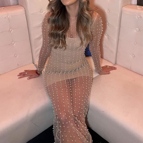 Mesh Transparent Sexy Rhinestone Pearl Dress