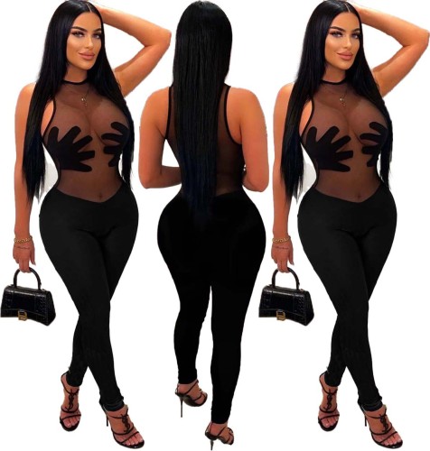 Mesh Splicing Sleeveless Bodycon Jumpsuit