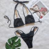 Crystal Strap Solid Bikini Swimsuit