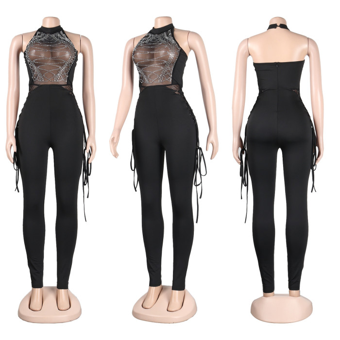 Mesh Patchwork One Piece Crystal Jumpsuit 