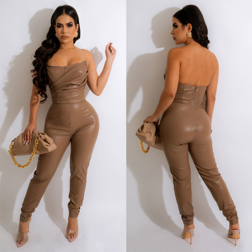 Off The Shoulder Pu Leather Jumpsuit