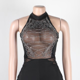 Mesh Patchwork One Piece Crystal Jumpsuit 