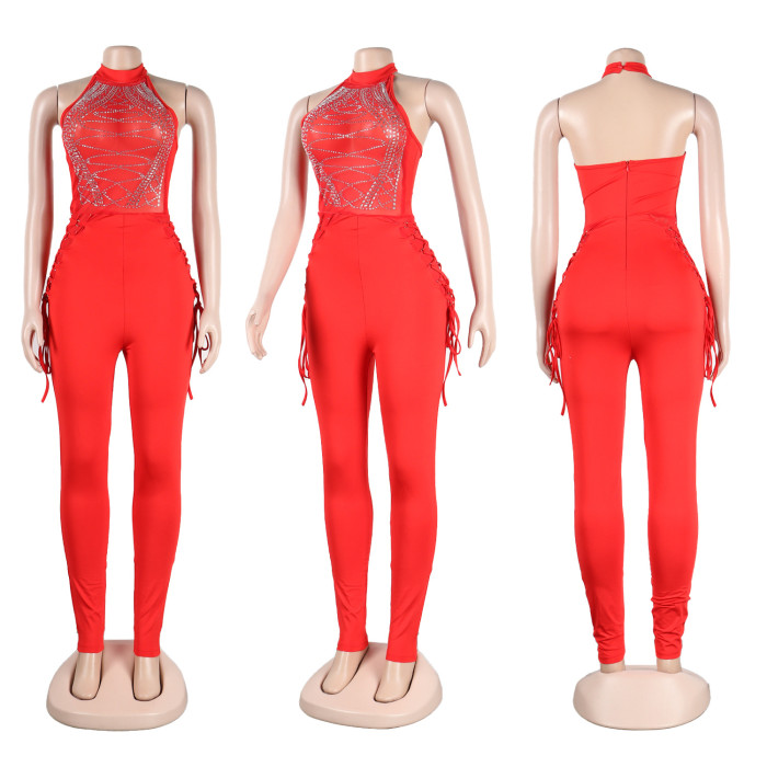 Mesh Patchwork One Piece Crystal Jumpsuit 