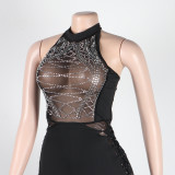 Mesh Patchwork One Piece Crystal Jumpsuit 