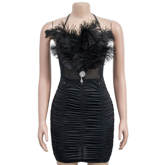 Sexy Ruched Mini Dress With Feather 