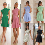 Waisted Stand Neck Open Waist Short Dress