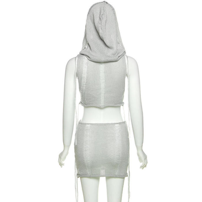 Knitted Hood Crop Top Mini Skirt Set