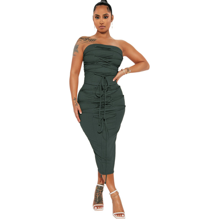 Lace Up Bandage Ribbed Pencil Dress