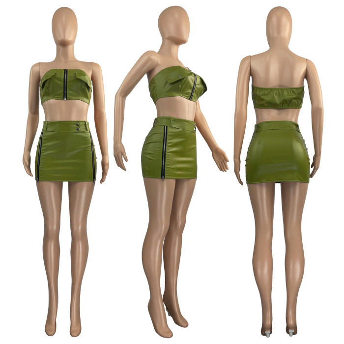 Pu Leather Sexy Tank Top Slit Skirt Set