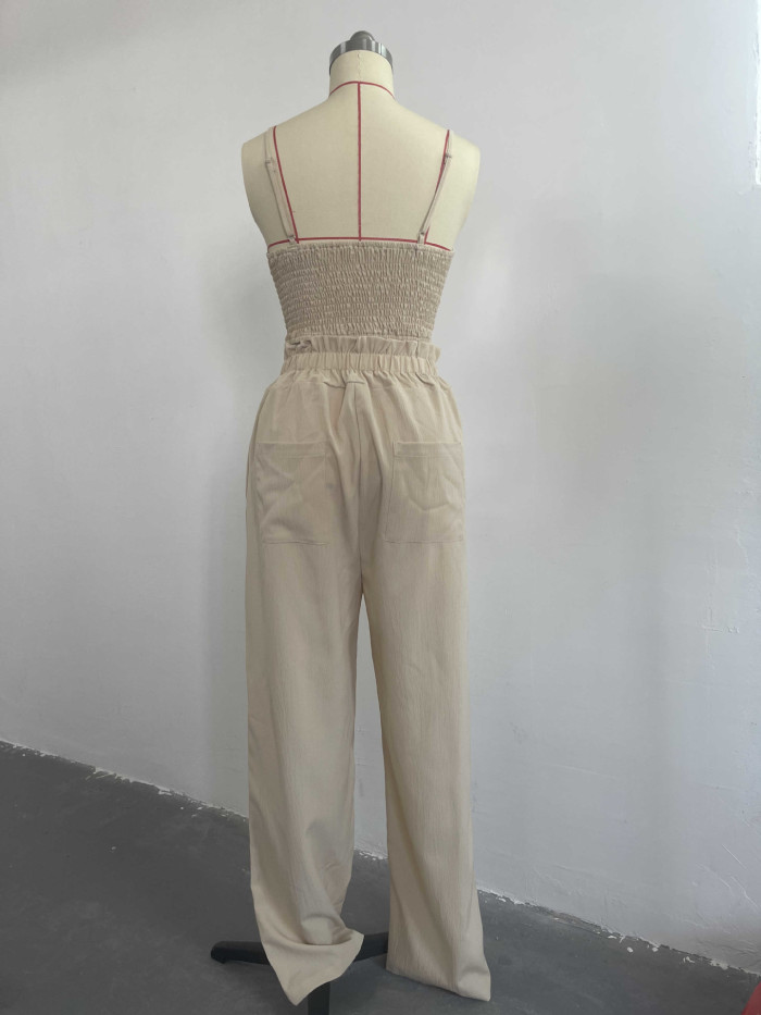 V-neck Short Vest With Lace Up High Waist Patch Pocket Straight Pants Casual Suit
