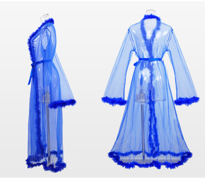 Mesh Sheer Lace Long Robe With Feather Trim