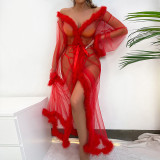 Mesh Sheer Lace Long Robe With Feather Trim