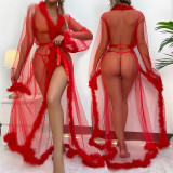 Mesh Sheer Lace Long Robe With Feather Trim