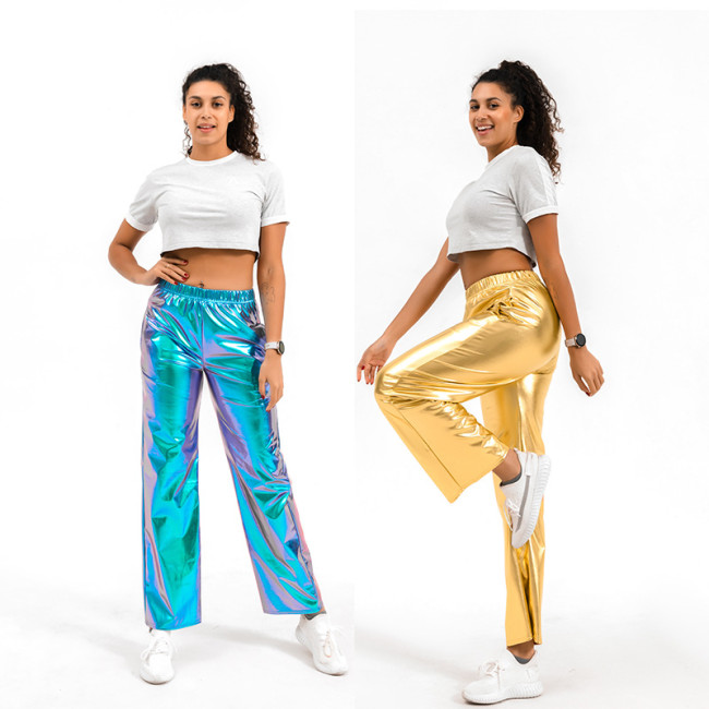 Women's Shiny Straight Leg Pants High Waist Metallic Super Long Holographic Disco Bottoms