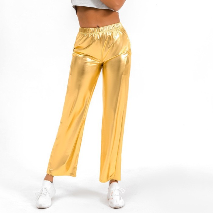 Women's Shiny Straight Leg Pants High Waist Metallic Super Long Holographic Disco Bottoms