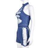 Ripped Denim Romper Short Jumpsuit