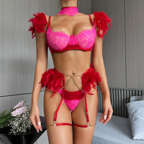 Funny Lingerie Feather Lace With Sexy chain 4-piece Set
