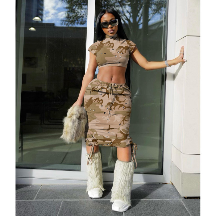 Camouflage Crop Top And Midi Skirt Set