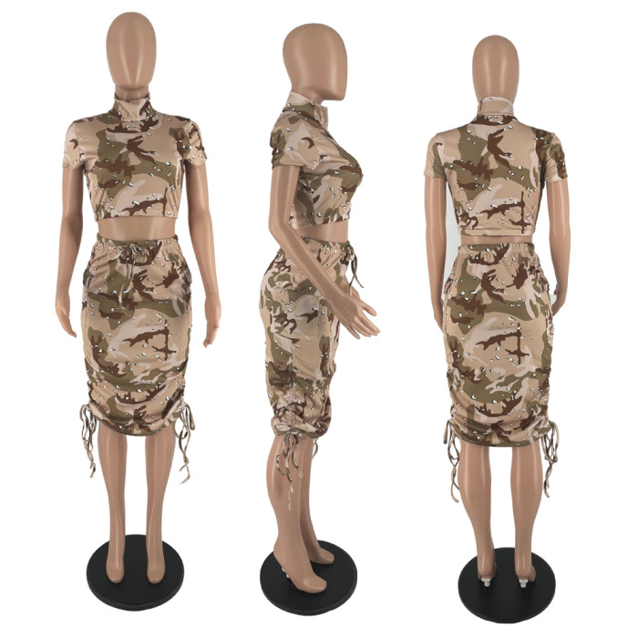 Camouflage Crop Top And Midi Skirt Set