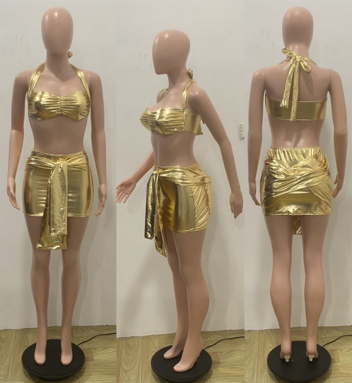 Women's Nightclub Fashion Bright Color Halter Crop Thank Top Wrap Tied Mini Skirt Two-Piece Set