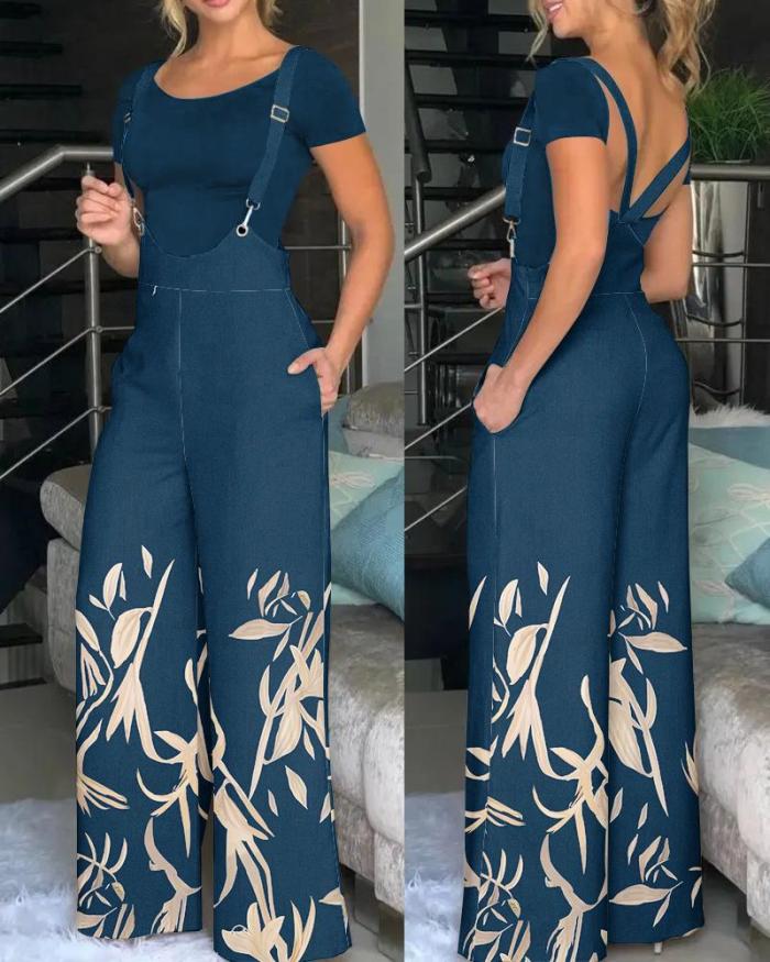 Print Wide Leg Overall Jumpsuit