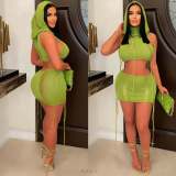 Knitted Hood Crop Top Mini Skirt Set