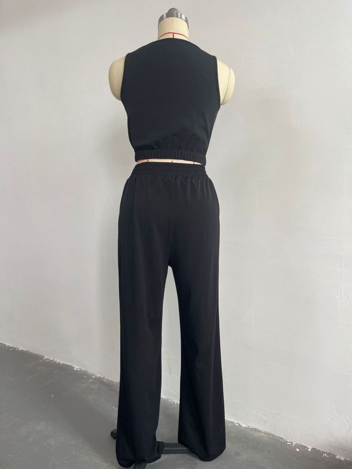 Solid Color Short Vest With Drawcord High Waist Straight Pants Fashion Casual Suit