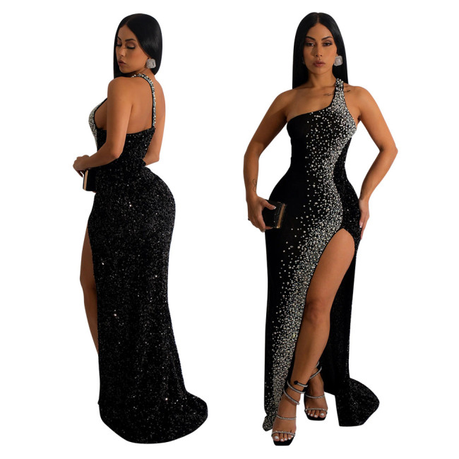 Sequin Rhinestone Slit Sexy Cocktail Dress