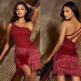 One Shoulder Backless Red Embroidered Irregular Fringed Dress For Party