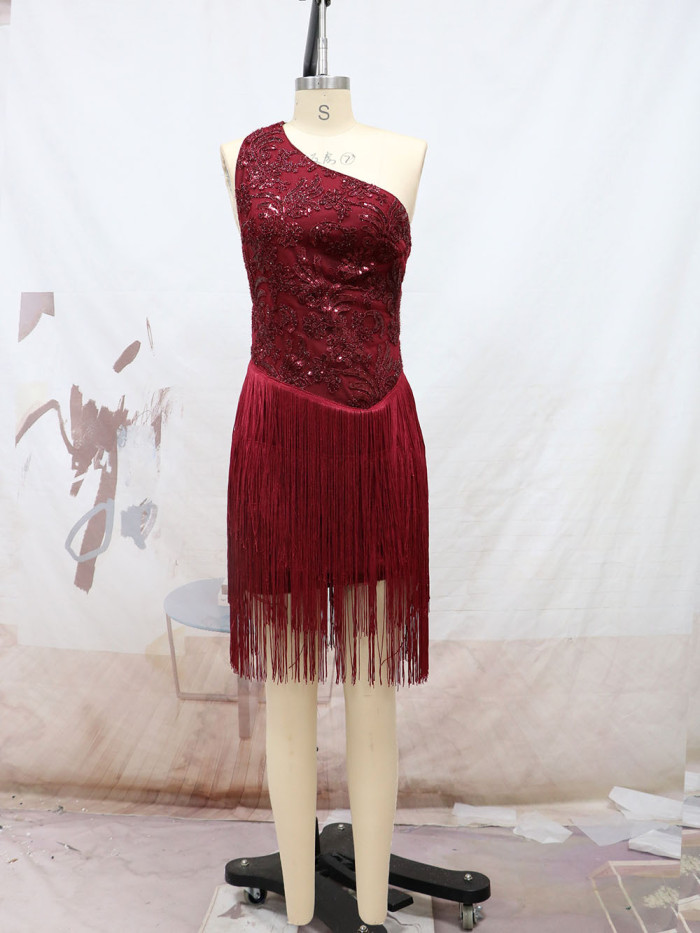 One Shoulder Backless Red Embroidered Irregular Fringed Dress For Party