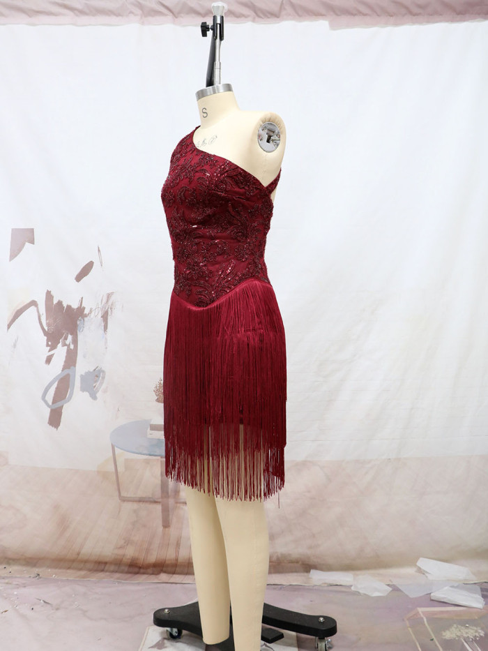 One Shoulder Backless Red Embroidered Irregular Fringed Dress For Party
