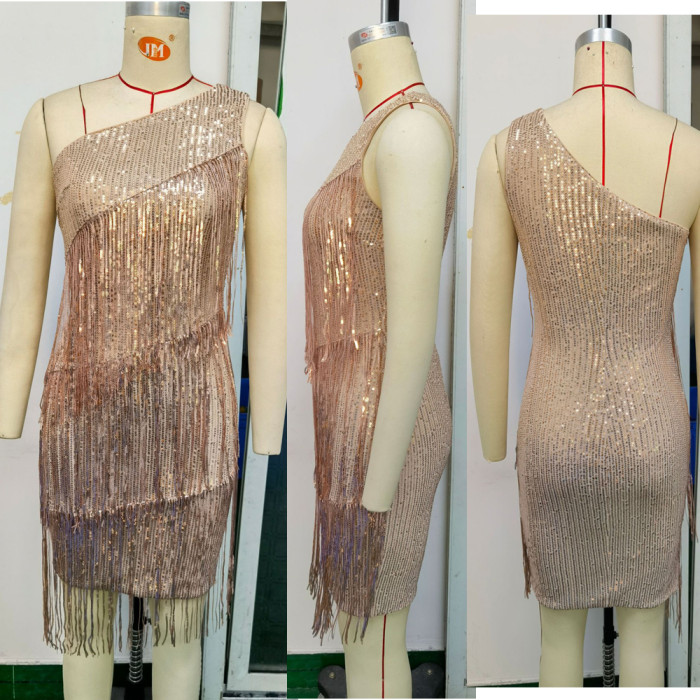 One Shoulder Sequin Fringed Dress
