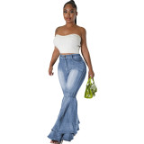 Women's Vintage Flare Jeans High Waist Stretch Denim Casual Solid Bodycon Work Long Bell Bottoms
