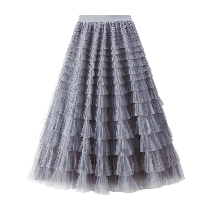 Casual Maxi Skirt Women Cascading Ruffle Sexy Ankle Length Mesh Skirts