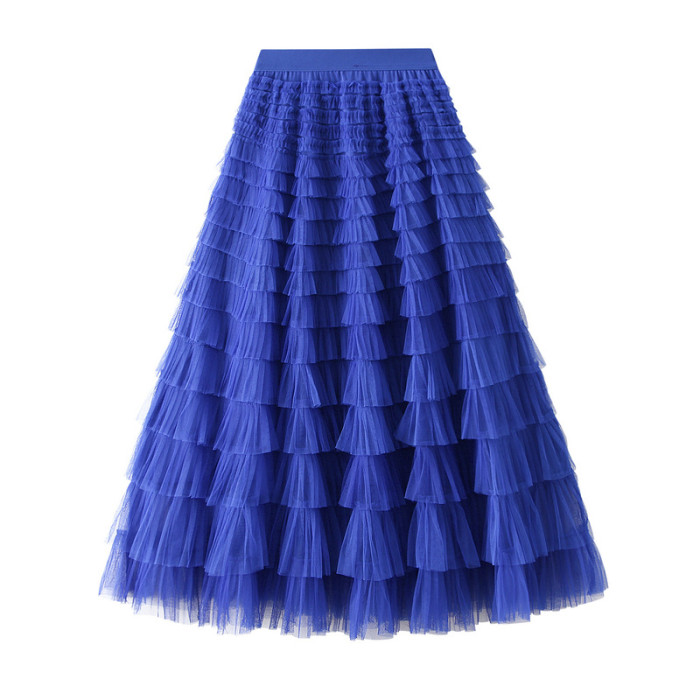 Casual Maxi Skirt Women Cascading Ruffle Sexy Ankle Length Mesh Skirts