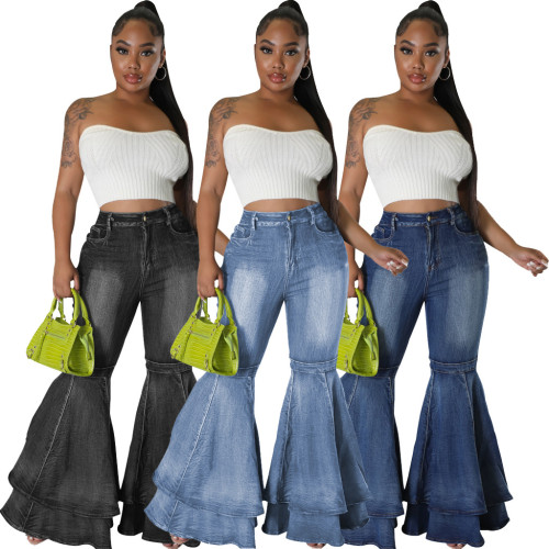 Women's Vintage Flare Jeans High Waist Stretch Denim Casual Solid Bodycon Work Long Bell Bottoms