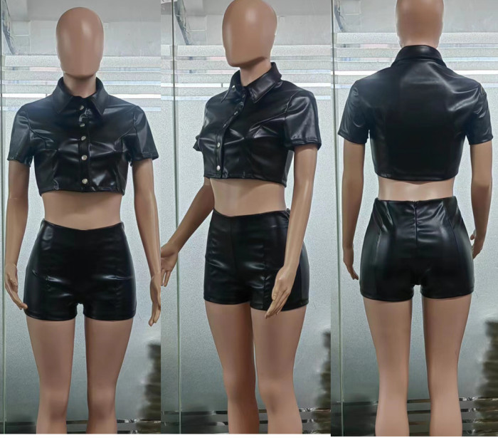 Pu Leather Matching Sets Casual Short Sleeve Buttons Top Shorts Suits Black Pu Leather 2 Pieces Outfits