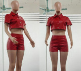 Pu Leather Matching Sets Casual Short Sleeve Buttons Top Shorts Suits Black Pu Leather 2 Pieces Outfits