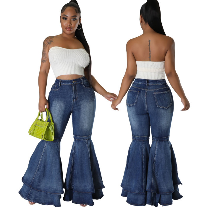 Women's Vintage Flare Jeans High Waist Stretch Denim Casual Solid Bodycon Work Long Bell Bottoms