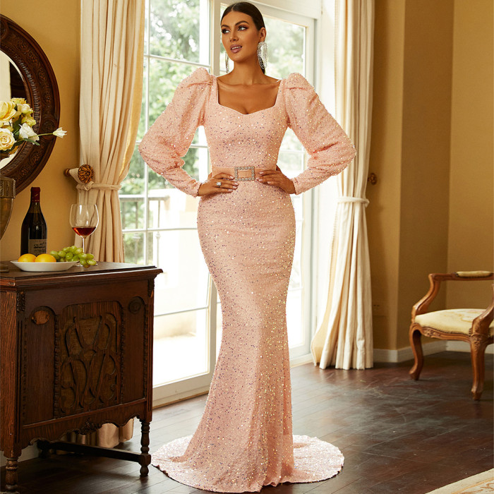 Women's Sexy Long Sleeve Sequin Formal Party Evening Dress