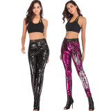 Women's Sequin Leggings With Imitation Leather Stitching and Color Changing Pants