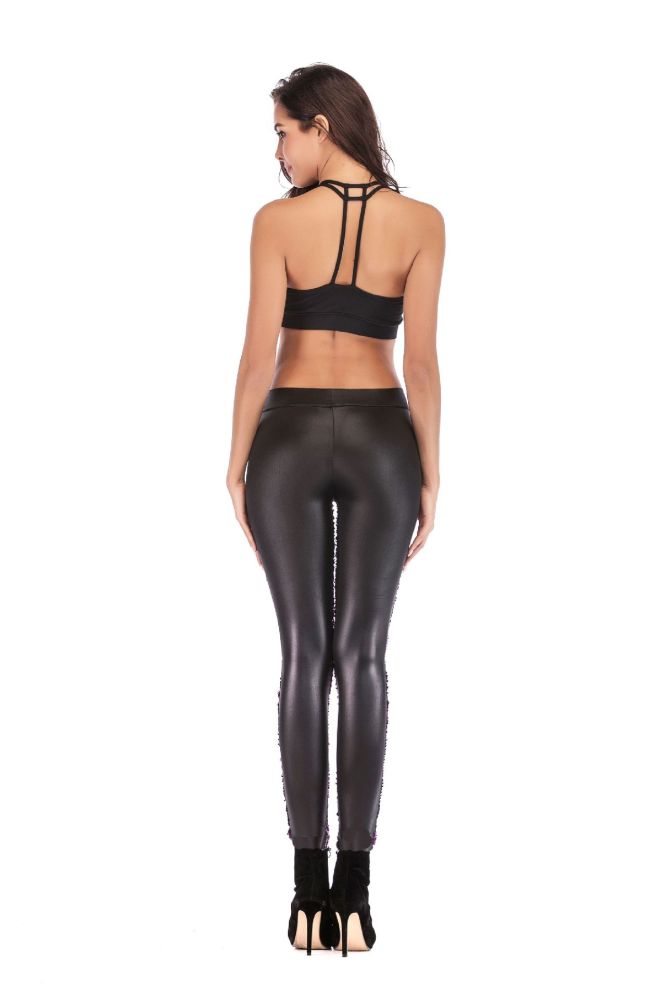 Women's Sequin Leggings With Imitation Leather Stitching and Color Changing Pants