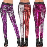 Women's Sequin Leggings With Imitation Leather Stitching and Color Changing Pants