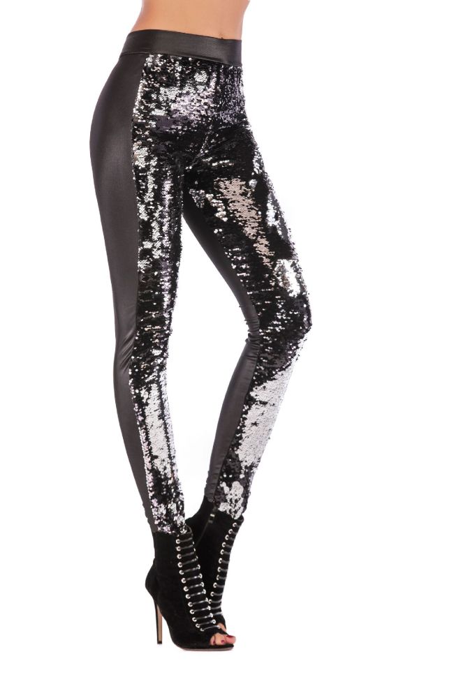 Women's Sequin Leggings With Imitation Leather Stitching and Color Changing Pants