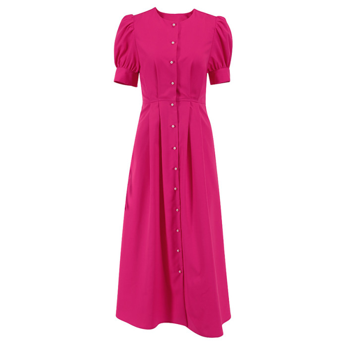 Women's O-Neck Lantern Sleeve Pearls Button A-Line Fit Flare Midi Dress